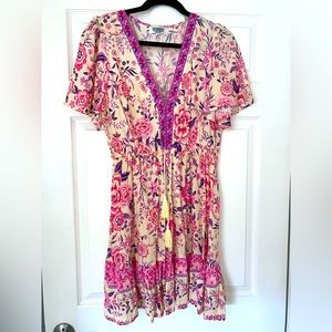 Pink and Purple Floral Mini Dress, Size 14 Australia